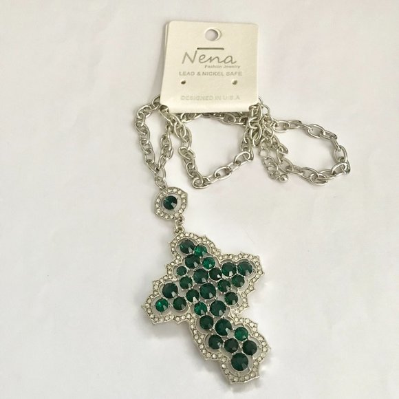 Celtic Cross Necklace Green Crystals Simulated Emeralds Silver Rhodium Plated - Picture 6 of 11